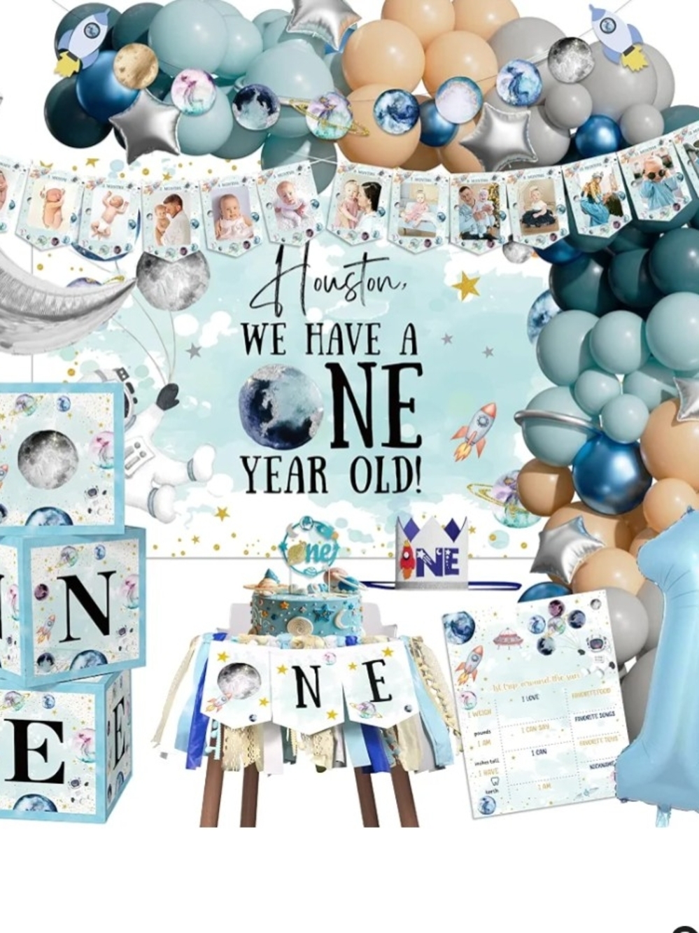 One Year Old Space Party Backdrop and Balloon Garland Set - Blue, Teal, Peach